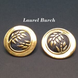 Laurel Burch Bamboo Large Post Earrings, Black Enamel, Gold Plated, 1980s